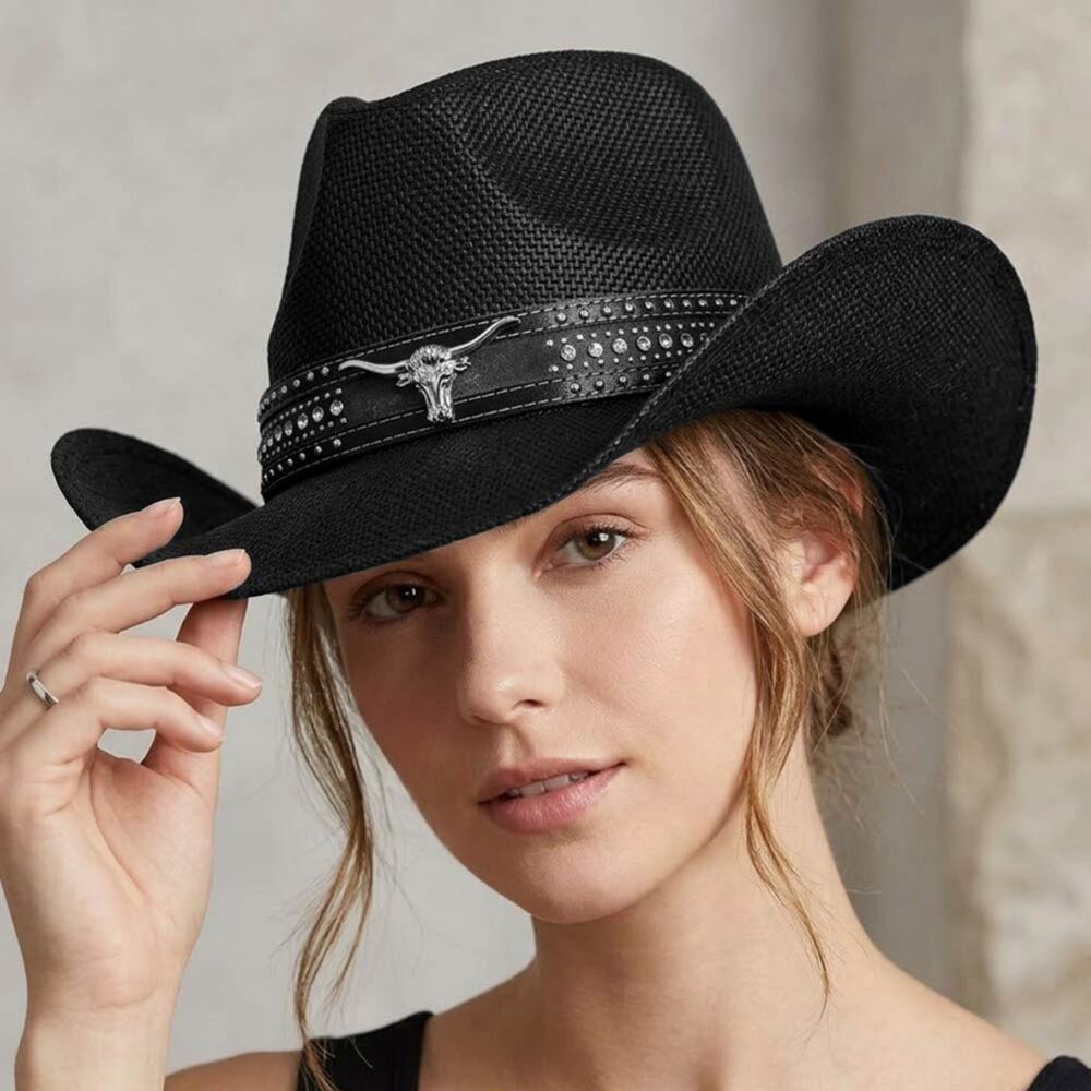 Black Western Steer Head Studded Band Straw Cowboy Hat Womens Accessory